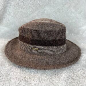 Adora Fedora Hat‎ One Size Taupe Brown Wool Blend Felt Stripe Adjustable Casual